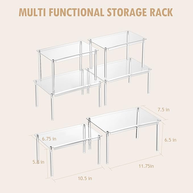 Acrylic Spice Rack Organizer Shelf for Cabinet, Set of 4 Shelves for Kitchen Organizers and Storage, Stackable Display Riser Shelf for Countertop Display Pantry Cabinet, Clear Shelves Room Decor-NeatNest