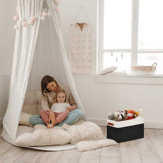 DULLEMELO Linen Closet Organizer and Storage Basket for Office, Bedroom, Cloth, Baskets for Organizing and Storage with handles for Shelves,Closet,Gift,Toys(White&Black)-NeatNest
