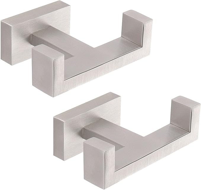 HarJue Bath Towel Hooks, 304 Stainless Steel Robe Towel Hanger Heavy-Duty Rustproof Coat Hook for Bathroom and Kitchen-Wall Mounted, Double Towel Holder (Brushed Nickel,2 Pack-Square)