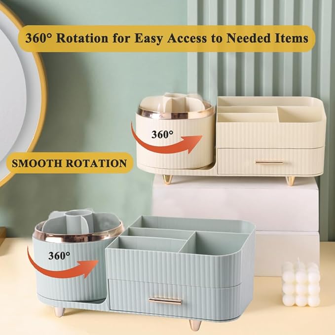 Makeup Organizer Countertop with Drawer 360 Rotating Brush Holder Storage Large Capacity Skincare Cosmetic Display Cases for Vanity Bathroom Desktop, Model 3016 Green-NeatNest