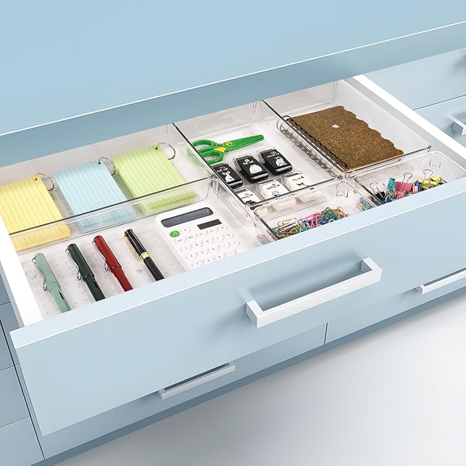 3 PCS Large Drawer Organizer, 3Sizes Plastic Versatile Desk Drawer Organizer Trays with Non-Slip Silicone Pads, Storage Bins for Makeup, Office, Kitchen Gadgets Utensils, Bedroom, Tools, Bathroom-NeatNest