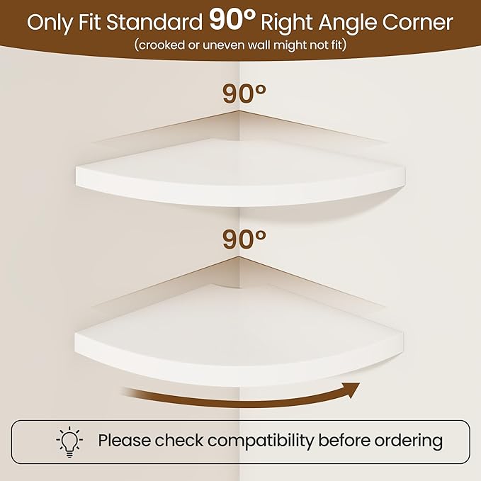 Fun Memories Corner Shelf Wall Mount, Solid Oak Wood Floating Corner Shelves with Cable Hole, 7in Rustic Design for Bedroom, Bathroom, Kitchen, Living Room (White, 1 Pack)-NeatNest