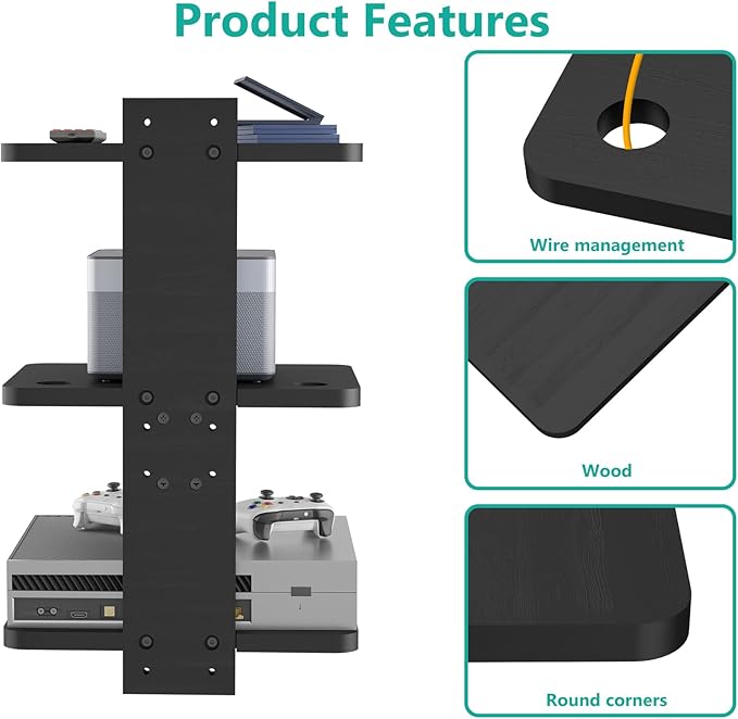 WALI Projector Mount Floating TV Shelf, Holds Up to 22lbs, Wooden Floating Shelf for Under TV for DVD Players, Cable Boxes, Routers, Game Consoles, PlayStation Accessories (CS303NB), 3 Shelves