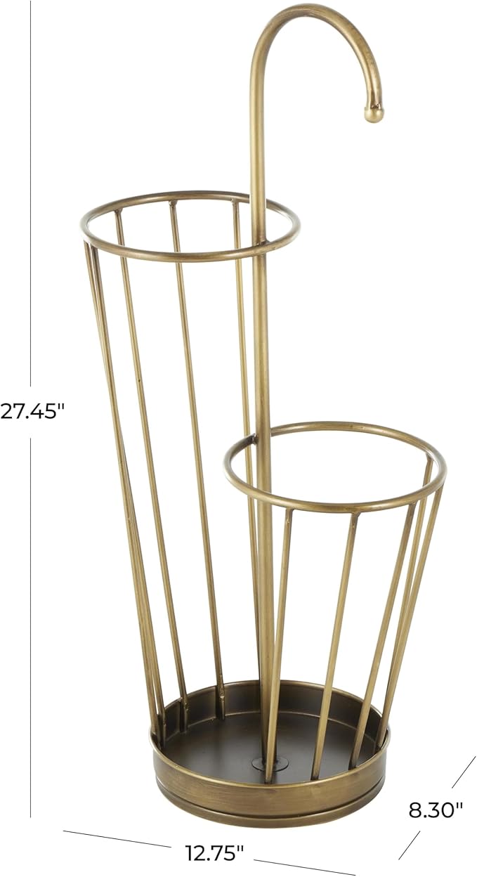 Deco 79 Metal Umbrella Stand 2 Section with Umbrella Shaped Handle, 13" x 8" x 27", Gold-NeatNest