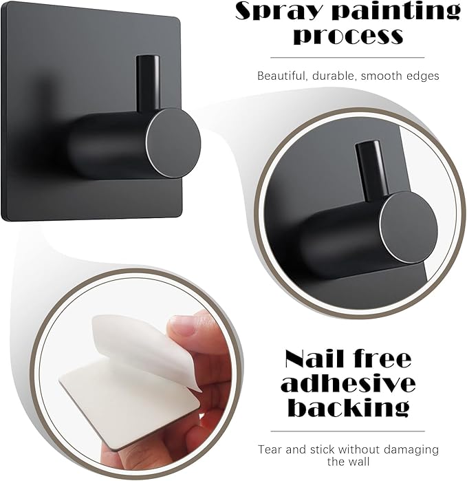 Adhesive Towel Hooks for Hanging - Self Adhesive Damage Free Towel Rack, Waterproof Shower Hooks, Heavy Duty Stick on Stainless Hook for Bathrooms, Kitchens, and Offices (Black,4 Pcs)