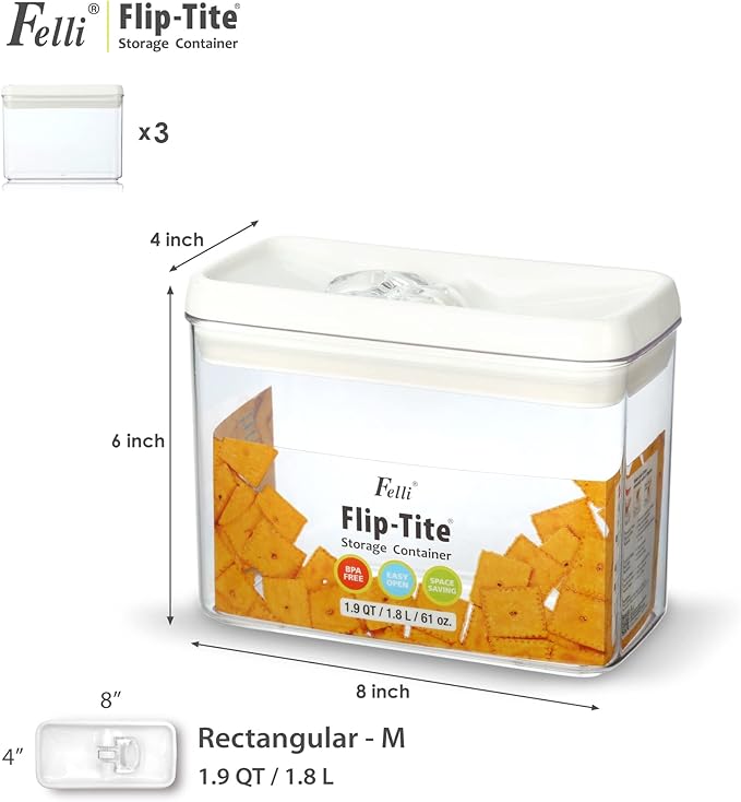 Felli Flip Tite Storage Container with Lid 4” RECTANGULAR Airtight Ring Flip Top, Stackable Kitchen Counter Pantry Organizer Acrylic Canister Jar for Pasta Spaghetti Cereal Granola Coffee (1.9qt)-NeatNest