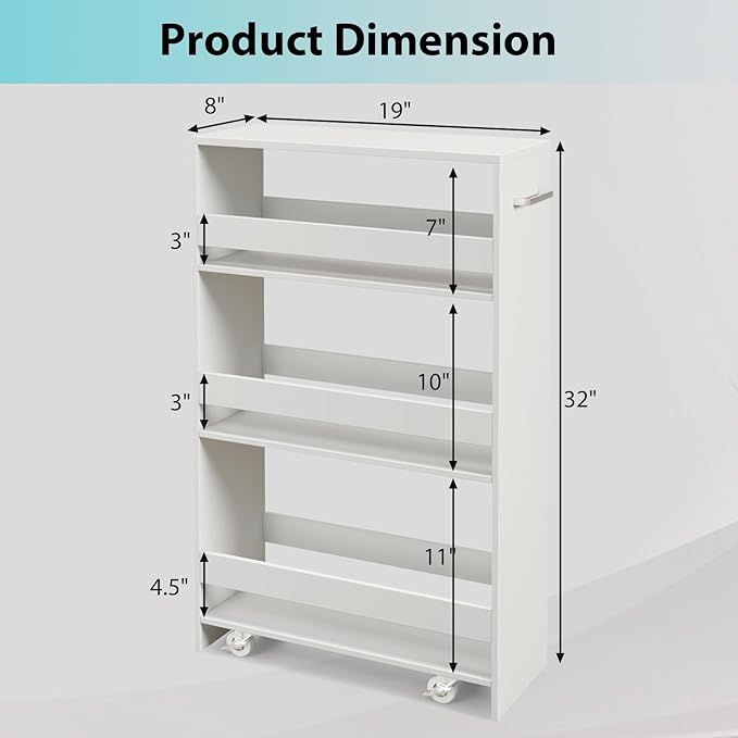 POWERSTONE 4-Tier Slim Storage Cart, Narrow Kitchen Rolling Cart w/Handle & Open Shelves, Skinny Slide Out Utility Organizer Trolley for Kitchen Bathroom Laundry Small Spaces White