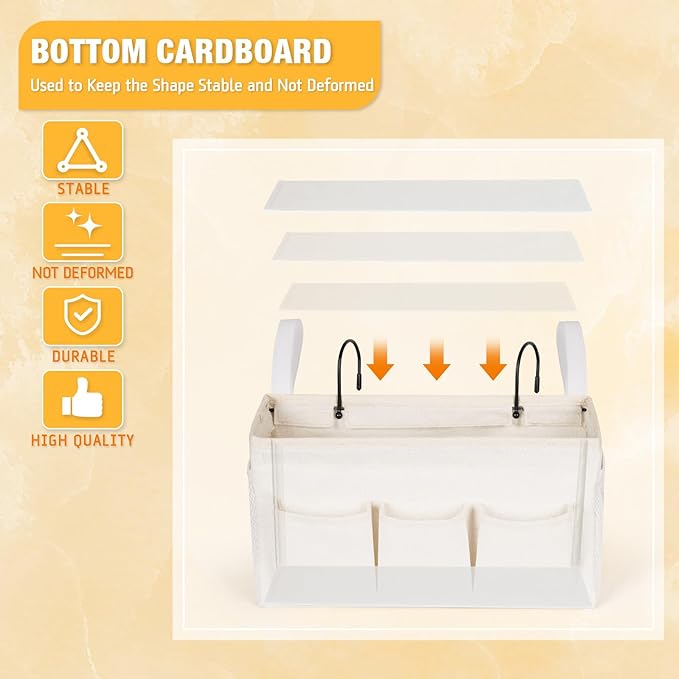 Bedside Caddy Bedside Organizer Bedside Storage Caddy with Fixed Straps and Water Bottle Holder for Home College Dorm Bunk Bed Hospital Bed Crib Bed Rails (White)-NeatNest