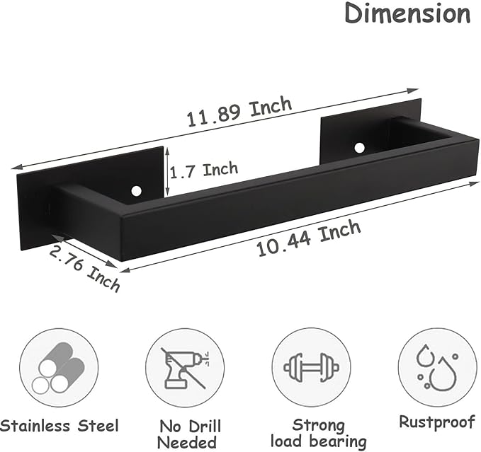 Bathroom Towel Bar Self Adhesive, No Drilling Towel Rack Easy to Install,Hand Towel Holder Made of Premium Stainless Steel Sticky on Hand Towel Hanger for Kitchen, Toilet(12IN, Black)-NeatNest