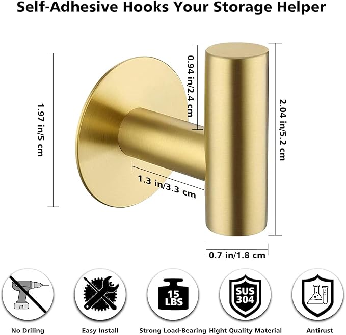 Adhesive Hooks Towel Hooks for Bathroom, Stainless Steel Waterproof Shower Hook Towels Holders, Coat Hook for Hanging Clothes, Wall Hooks Stick on Bathroom or Kitchen - 2 Pack, Gold