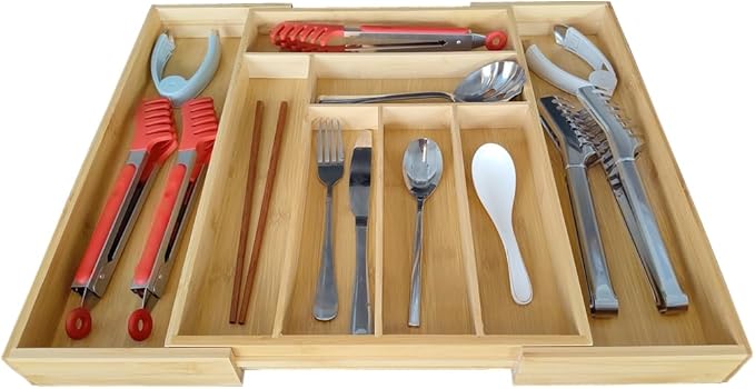 Adjustable Bamboo Drawer Organizer, Expandable Silverware Drawer Organizer, Large Cutlery Tray with Wooden Drawer Dividers for Flatware Organizing Kitchen Utensils Holder (6-8 Slots, Natural)-NeatNest