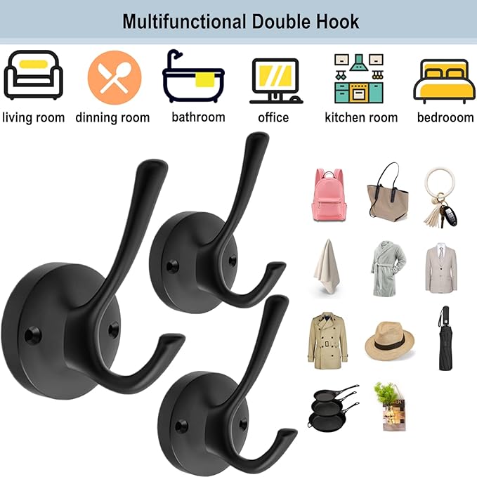 Black Towel Hooks for Wall, 5 Pack Coat Robe Hook Heavy Duty Metal Double Bath Hook Wall Mounted, Hat Hooks for Cubicle Bathroom Kitchen Closet Garage-NeatNest