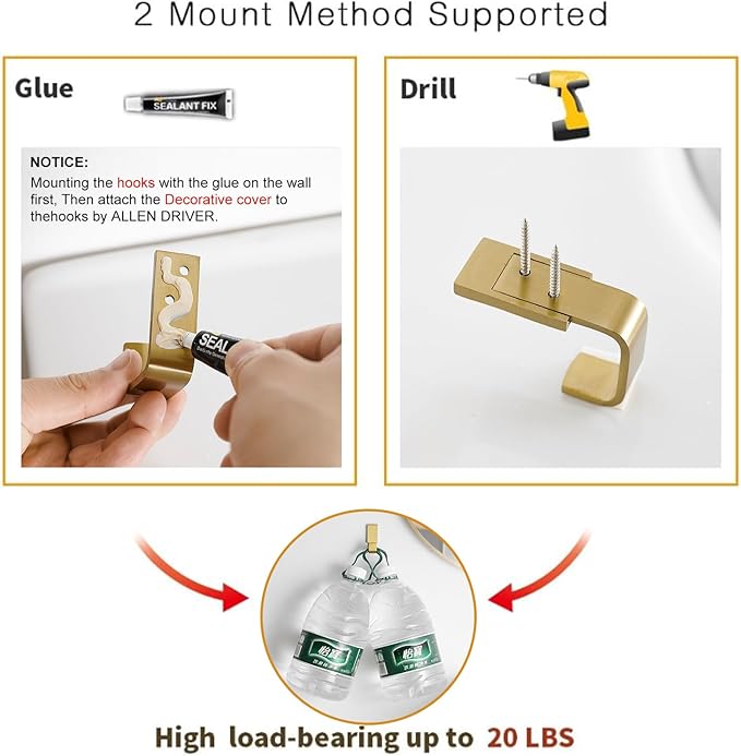 BESy Brass Clothes Hook Single Towel Hook for Bathroom Kitchen Garage Square Style Robe Hooks Coat and Hat Hook, Self Adhesive with Glue or Wall Mounted with Screws, Two Packs, Brushed Gold-NeatNest