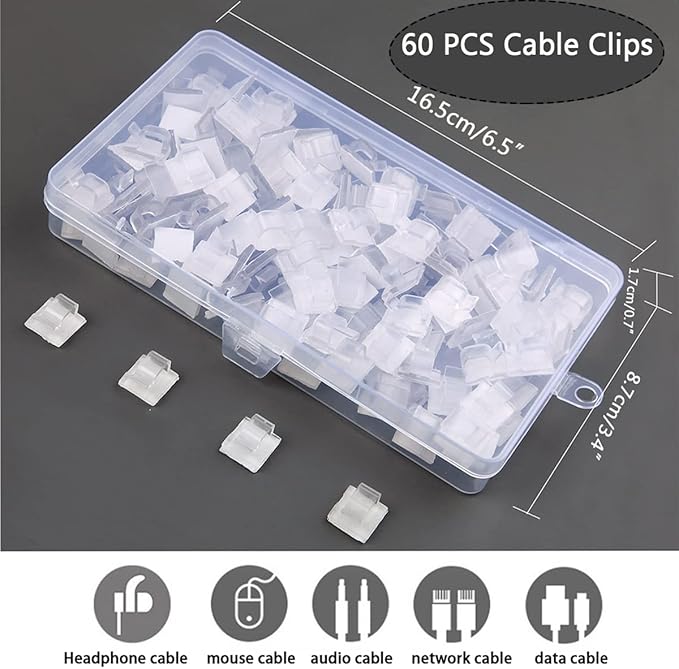 60PCS Cable Clips, KGROTE Outdoor Wire Clips Adhesive Cable Hooks Cord Organizer Holder Christmas Light Clips for Desk, Wall Cable Management, String Lights, Fairy Lights, Decorations Hanging - Clear-NeatNest