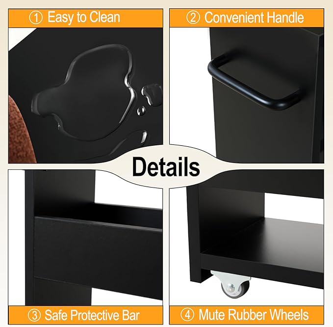 MARTY Wood Rolling Storage Cart 7.9" W, 3 Tier Slim Utility Kitchen Cart on Wheels Laundry Room Bathroom Organizers Narrow Shelves with Handle Mobile Shelving Unit for Small Places, Black