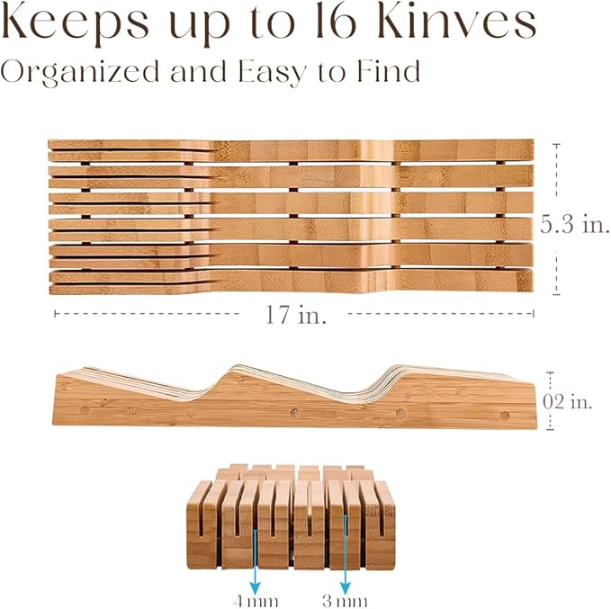 Bellemain 100% Pure Bamboo in Drawer Knife Block | 16 Knife Slots Knife Drawer Organizer | Store Knives Safely with The Blades Down | Storage Solution for Your Kitchen | Knife Organizer Drawer Insert-NeatNest