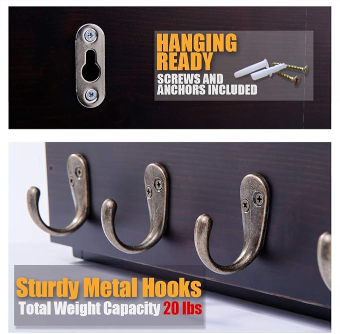 Flintar Wall Mount Key and Mail Holder with 4 Hooks. Made in Taiwan, Solid Wood. Use as Key Rack, Entryway or Mudroom Organizer, Mail & Bill Sorter, Magazine Holder (Walnut)