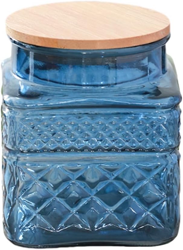 ANSQU 37oz Square Glass Jar, Candy Jar with Lid, Glass Food Storage Containers for Ground Coffee, Tea, Sugar, Decorative Mason Jar Cute Jars (Blue)