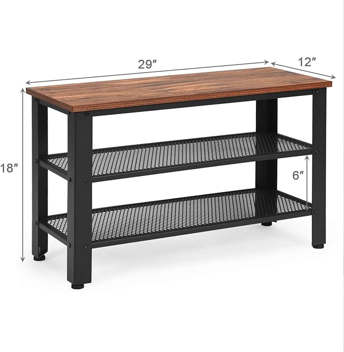 Giantex 3-Tier Shoe Rack Bench, Industrial Shoe Bench with 2 Mesh Storage Shelves & Seat for Entryway, Front Door, Garage Shoe Storage (Rustic Brown)