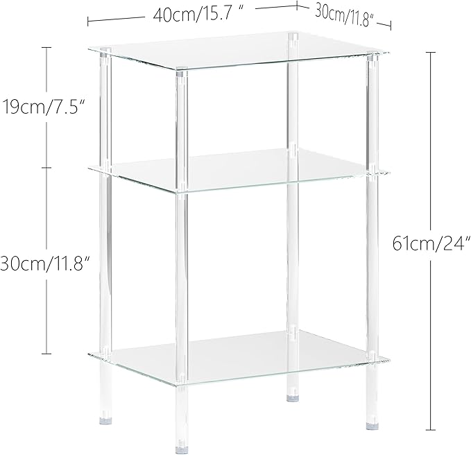 Tempered Glass Side Tables Set of 2 Acrylic End Table with 3 Storage Shelve transparent Bedside simplicity clear 3-Tier Nightstands small Spaces Office Bedroom Living Room Study Transparent ET-008TR3T