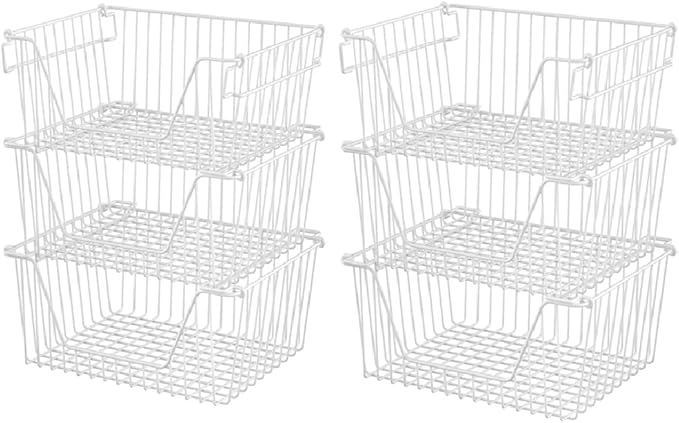 Slideep 14'' Large Metal Wire Storage Organizer Bin Basket Farmhouse Decor Stackable Storage Organizer for Pantry Home Bathroom Kitchen Organization White - 6 Pack