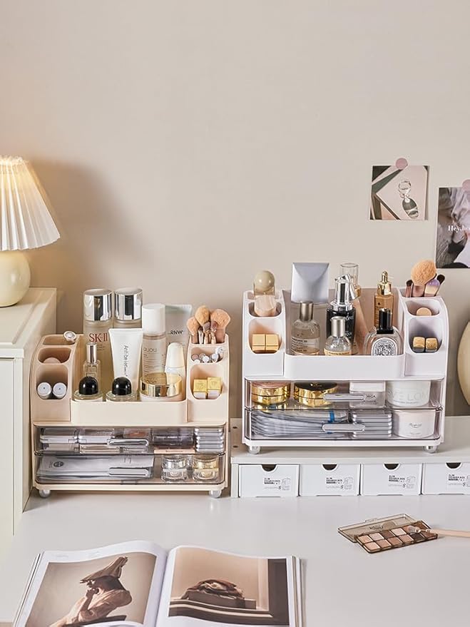 Makeup Organizer with 2 Drawers, Cosmetic Display Case, Storage Holder for Vanity, Bathroom Counter, Desk, Beauty Supplies (Cream)