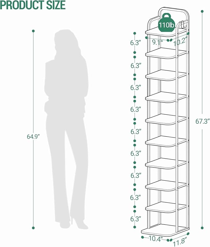10 Tiers Vertical Shoe Rack, Narrow Shoe Tower, Tall Shoes Shelf with 2 Hooks, Adjustable Shelves, Corner Shoes Shelves for Small Spaces, Entryway, Living Room, White Gold SR11213A-NeatNest