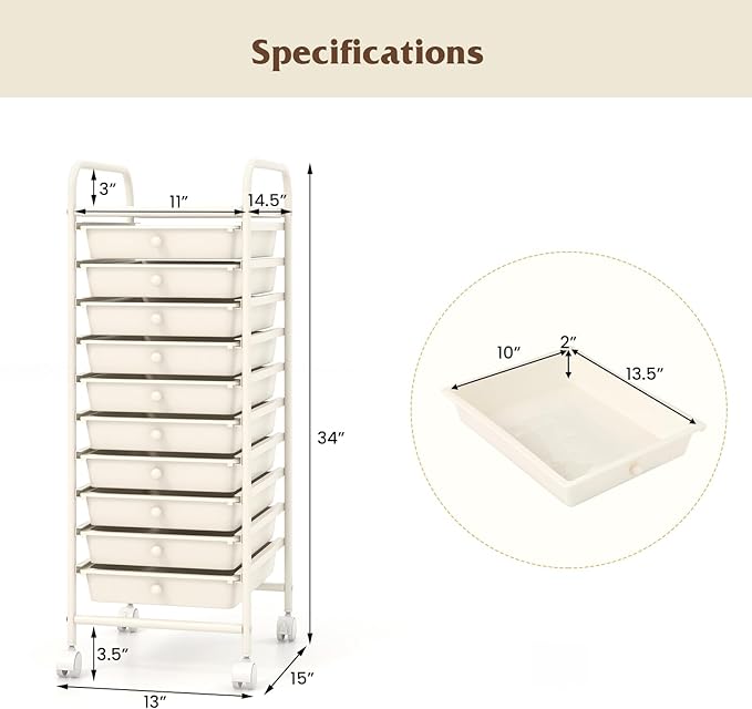 Giantex 10-Drawer Storage Cart w/Universal Wheel, Rolling Cart w/Handle, Home Organizer Storage Unit w/Removable Drawers, Trolley Utility Cart for Kitchen Makeup Living Room Office Play Room, Ivory