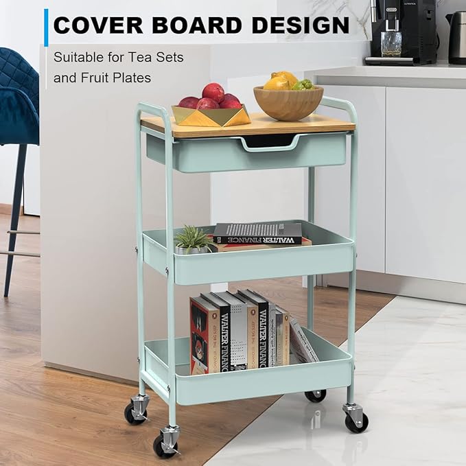 3 Tier Rolling Cart, Utility Cart with Drawer and Table Top, Metal Rolling Kitchen Storage Organizer Cart with Handle and Locking Wheels for Bathroom Office Balcony Living Room-NeatNest
