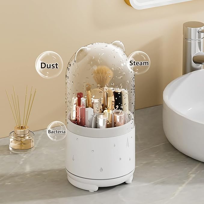 Cute Makeup Brush Holder Organizer with Lid, Rotating Dustproof Make Up Brushes Container with Clear Acrylic Cover for Vanity Desktop Bathroom Countertop-NeatNest