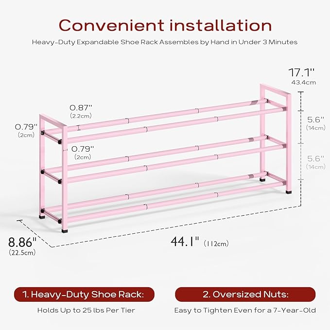 Bumusty 3-Tier Long Expandable Shoe Rack for Closet, 18"-44" Adjustable Shoe Rack for Entryway, 15-18 Pairs Large Shoe Organizer Shelf Storage, Sturdy Metal, Pink-NeatNest