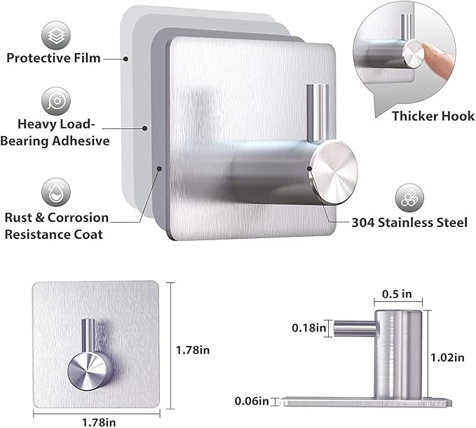 Adhesive Hooks Heavy Duty Wall Hooks Waterproof Stainless Steel Hooks for Hanging Coat, Hat,Towel Robe Hook Rack Wall Mount- Bathroom and Bedroom