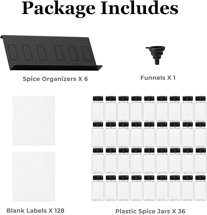 Famhap 6 Pack Spice Drawer Organizer with Labels and 36 Plastic Jars, Expandable from 11.7" to 23.2" Seasoning Rack Tray Insert for Kitchen Drawers, Spice Rack Drawer for Spice Jars-NeatNest