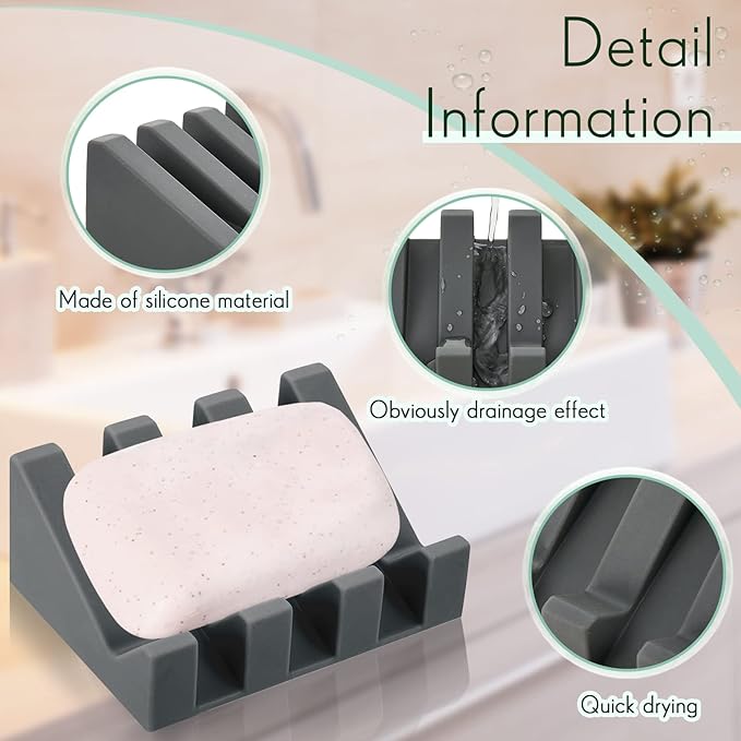 Cunhill 2 Pieces Silicone Soap Dish Self Draining Soap Dish Shower Waterfall Bar Soap Holder Tray with Drain Soap Saver for Kitchen Bathroom Accessories (Dark Grey,Cream White)-NeatNest