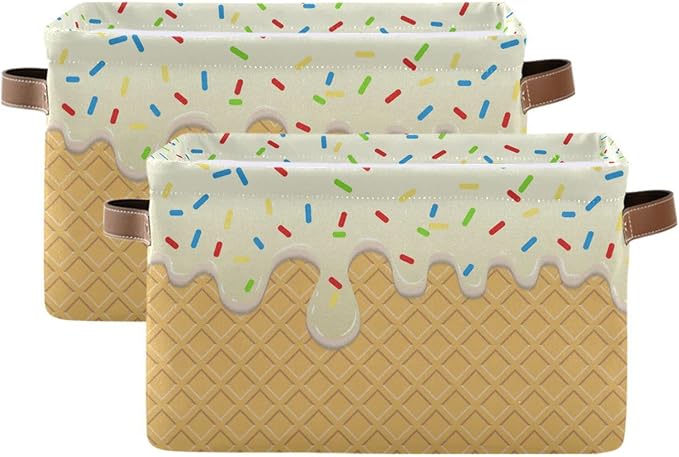 Kigai Ice Cream Texture Storage Bins for Shelves, Storage Basket with Double Handle, Foldable Storage Cubes with Metal Frame, Rectangular Closet Organizer Containers for Home Bedroom