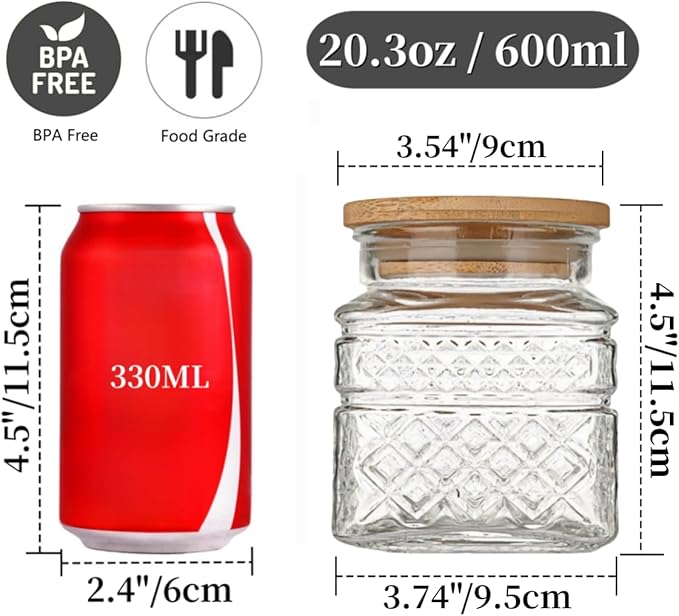 ANSQU Square Glass Jar, Candy Jar with Lid, Glass Food Storage Containers for Ground Coffee, Tea, Sugar, Decorative Mason Jar (Transparent, 20.3oz)