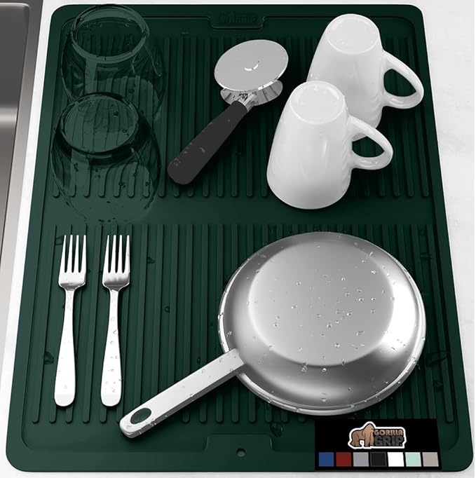 GORILLA GRIP 100% BPA-Free Silicone Dish Drying Mat for Kitchen Counter, 18x24, Quick Dry, Water Catching Ribbed Design, Easy Clean Waterproof Sink Liner, Heat Resistant, Fits Under Rack, Hunter Green