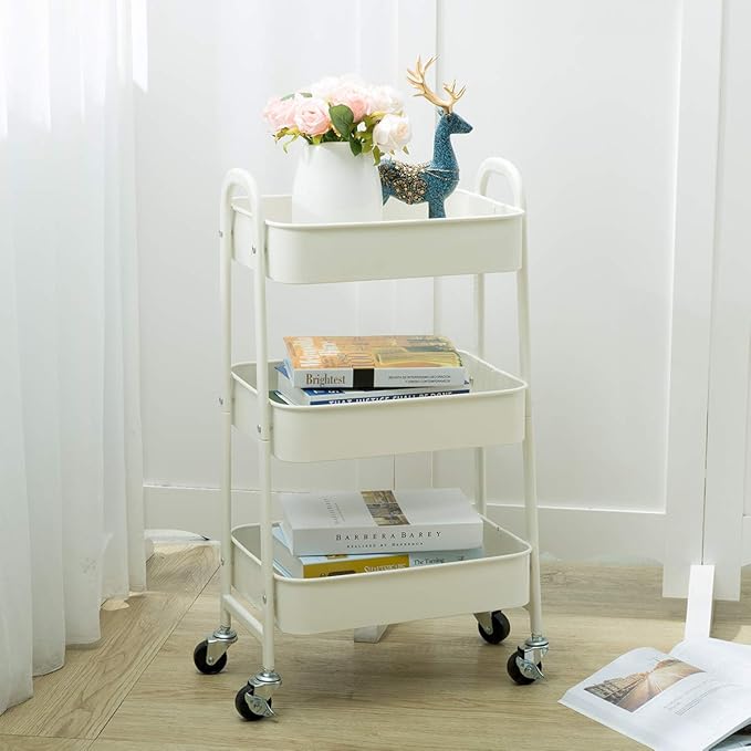 AGTEK Makeup Cart, Movable Rolling Organizer Cart, White 3 Tier Metal Utility Cart-NeatNest