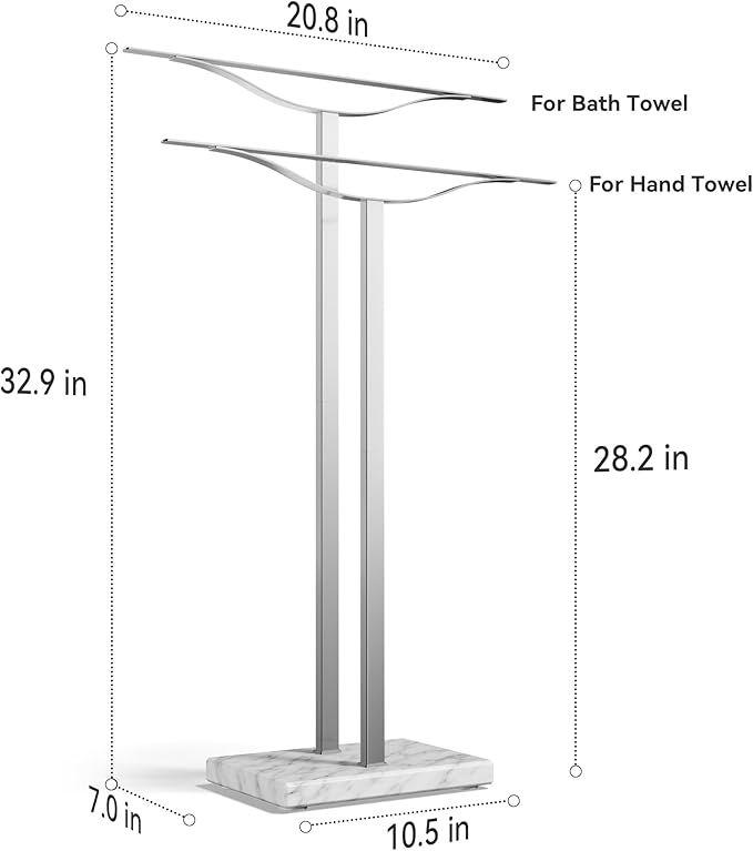 Bathroom Towel Rack Freestanding Floor Stand: Brushed 33in 2‑Bar Weighted Marble Base Towel Holder, Rustproof 304 Stainless Steel Drying Rack for Bath&Hand Towels, No‑Drill Slim Organizer, Spa Pool