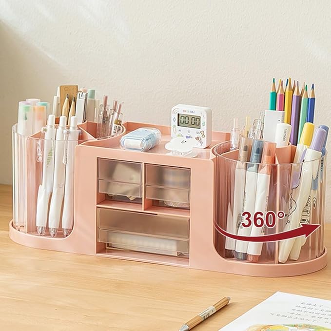 360 Rotating Makeup Brush Holder with 3 Drawers, Makeup Organizer Countertop with 10 Slots Pencil Holder,Hair Comb Holder for Vanity (Pink (3 Drawer))-NeatNest