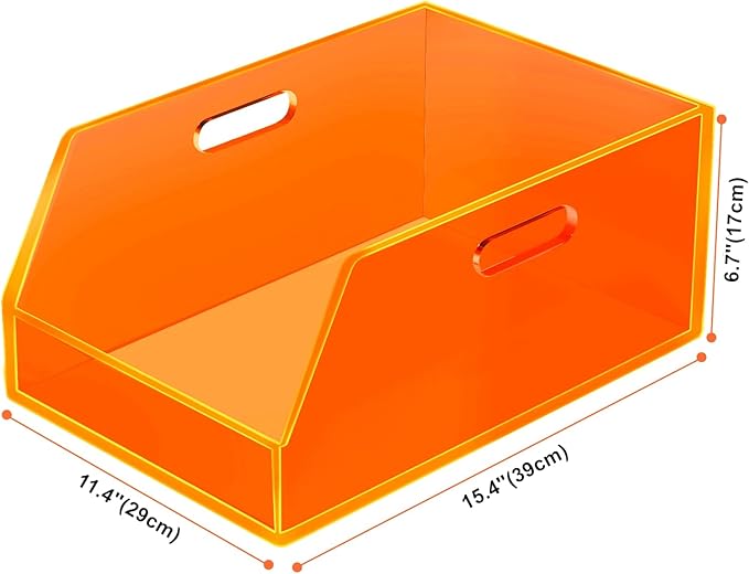 Gelite Stackable Large Storage Bin Organizer with Handles Acrylic Storage Container for Toy Pantry Kitchen Cabinet Bathroom Closet Office Organization, 15.4x11.4x6.7'', Neon Orange