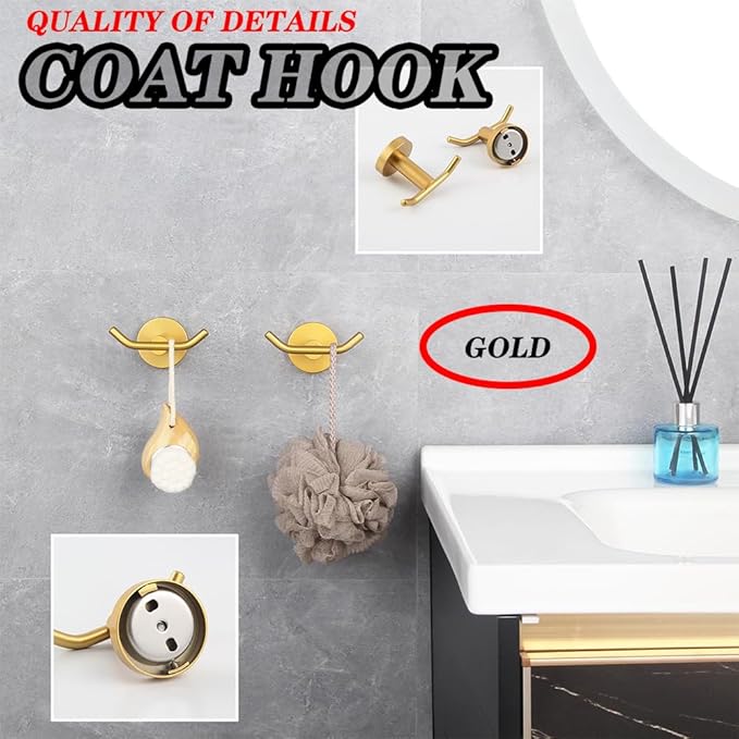 GERZWY Bathroom Double Coat Hook Gold Stainless Steel Towel/Robe Clothes Hook for Bath Kitchen Wall Mounted 2 Pack AG61908-2BE
