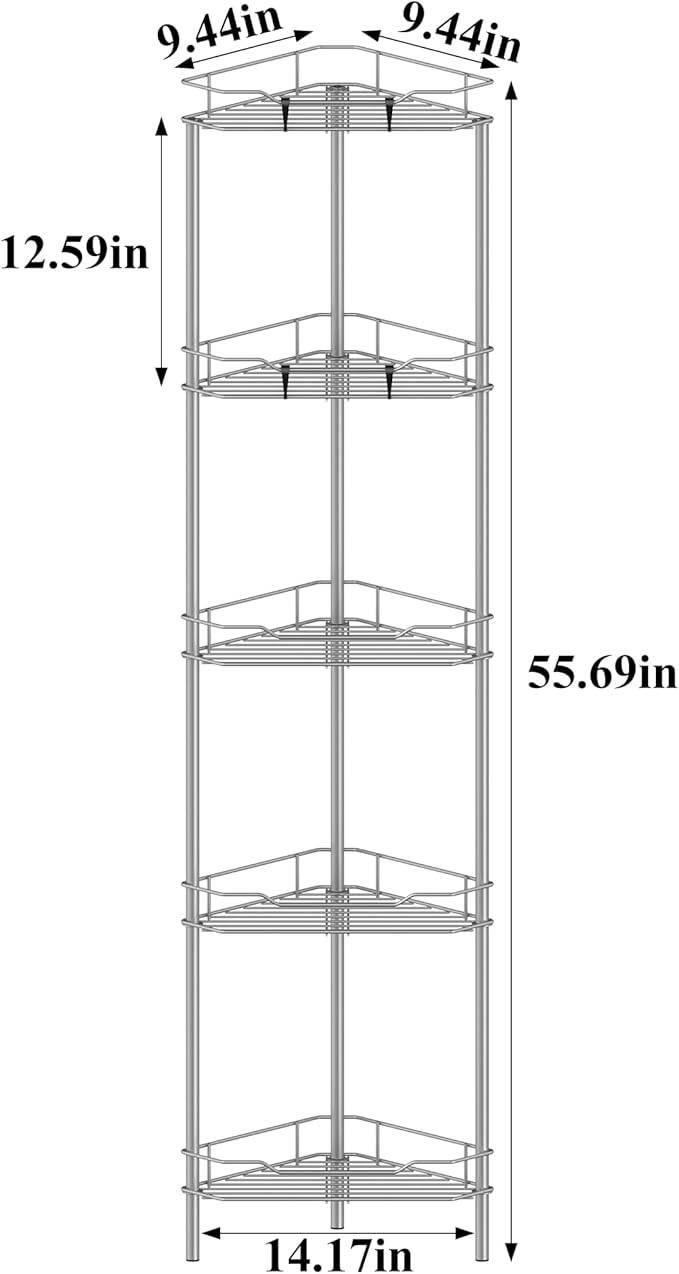5 Tier Floor Standing Corner Shower Caddy Organizer Shelf with Hooks, Bathroom Shelves Stand Rack, Gray