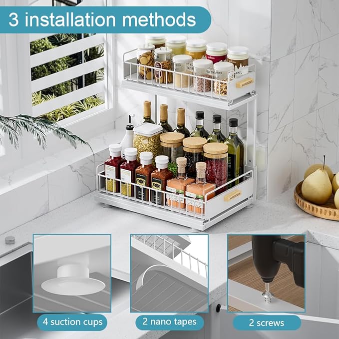 Under Sink Organizer, Pull Out Kitchen Cabinet Organizer, 2-Tier Metal Under Sink Organizers and Storage Height-Adjustable, Kitchen Bathroom Organizers and Storage Shelves, White-NeatNest