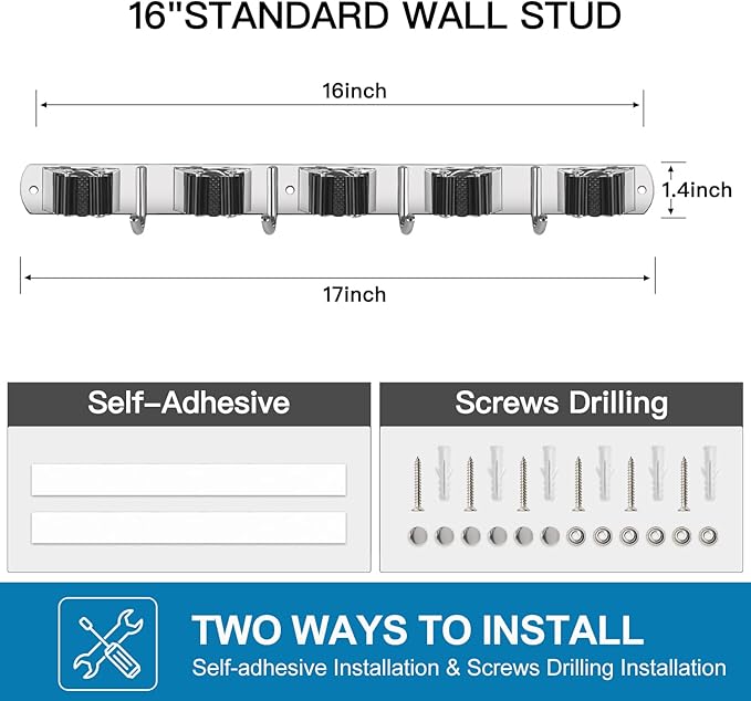IMILLET 2 Pack Wall Mount Broom Holder Stainless Steel 5 Racks with 4 Hooks Broom Organizer Self Adhesive Heavy Duty Laundry Room, Garage Organization Storage-NeatNest