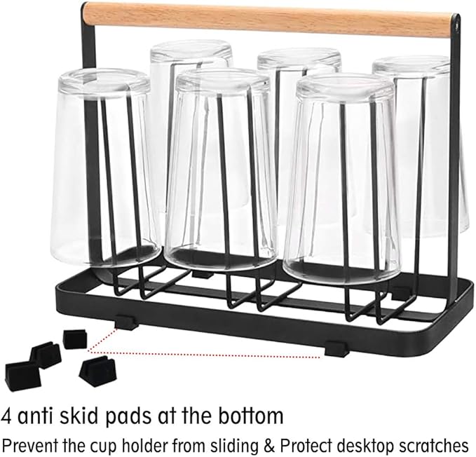 Cup Drying Rack Stand,Beer Glasses Rack 6 Cup Metal Drainer Holder Rack Non-Slip Mugs Cups Organizer with Wood Handle, Black-NeatNest