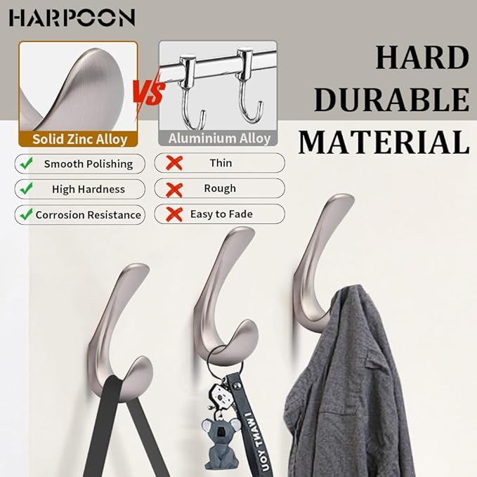 HARPOON 5 Pack Towel Hooks for Bathrooms Wall Mounted, Brushed Satin Nickel Bathroom Hooks for Towels, Robe & Towel Hook for Wall, 3.5 Inch Modern Bath Towel Hook