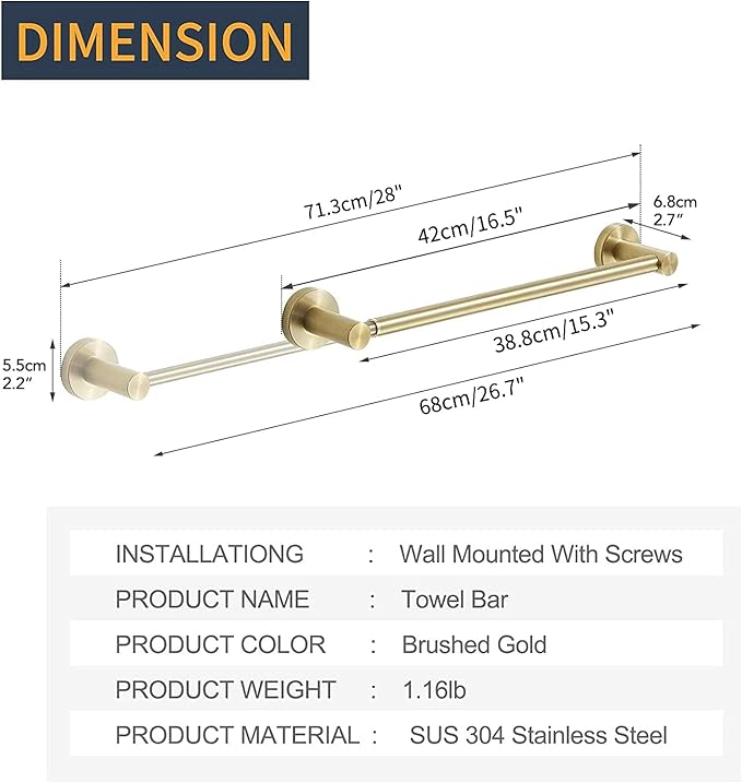 BESy Adjustable 15 to 26 Inch Single Bath Towel Bar for Bathroom SUS304 Stainless Steel Towel Holder, Wall Mount with Screws Hand Towel Bar Rod Hotel Style, Brushed Gold-NeatNest