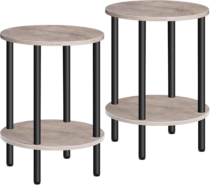 Side Table Set of 2, Round End Table, 2-Tier Small Nightstand with Sturdy Metal Tube, Industrial Coffee Table, for Living Room, Bedroom, Greige and Black TBZ01P2BG