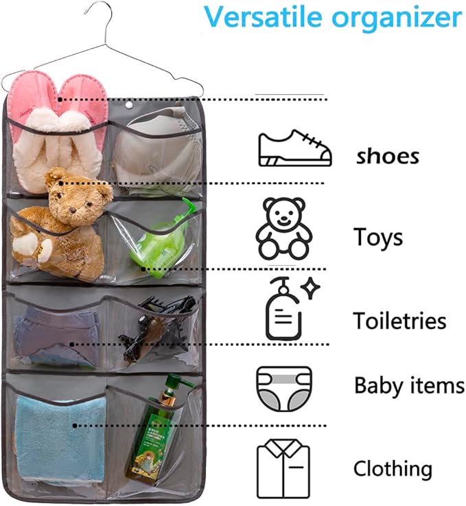 Dual Sided Hanging Closet Organizer Durable Socks Stocking Clothes Bra Accessories Storage Bag With 16 Large Pockets (Clear PVC Pockets)-NeatNest